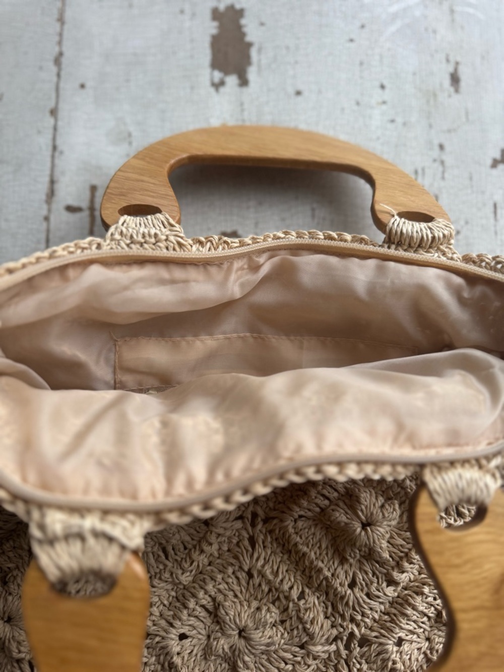 Vintage Crochet Straw Tote with Wooden Handle - Picture 3 of 3